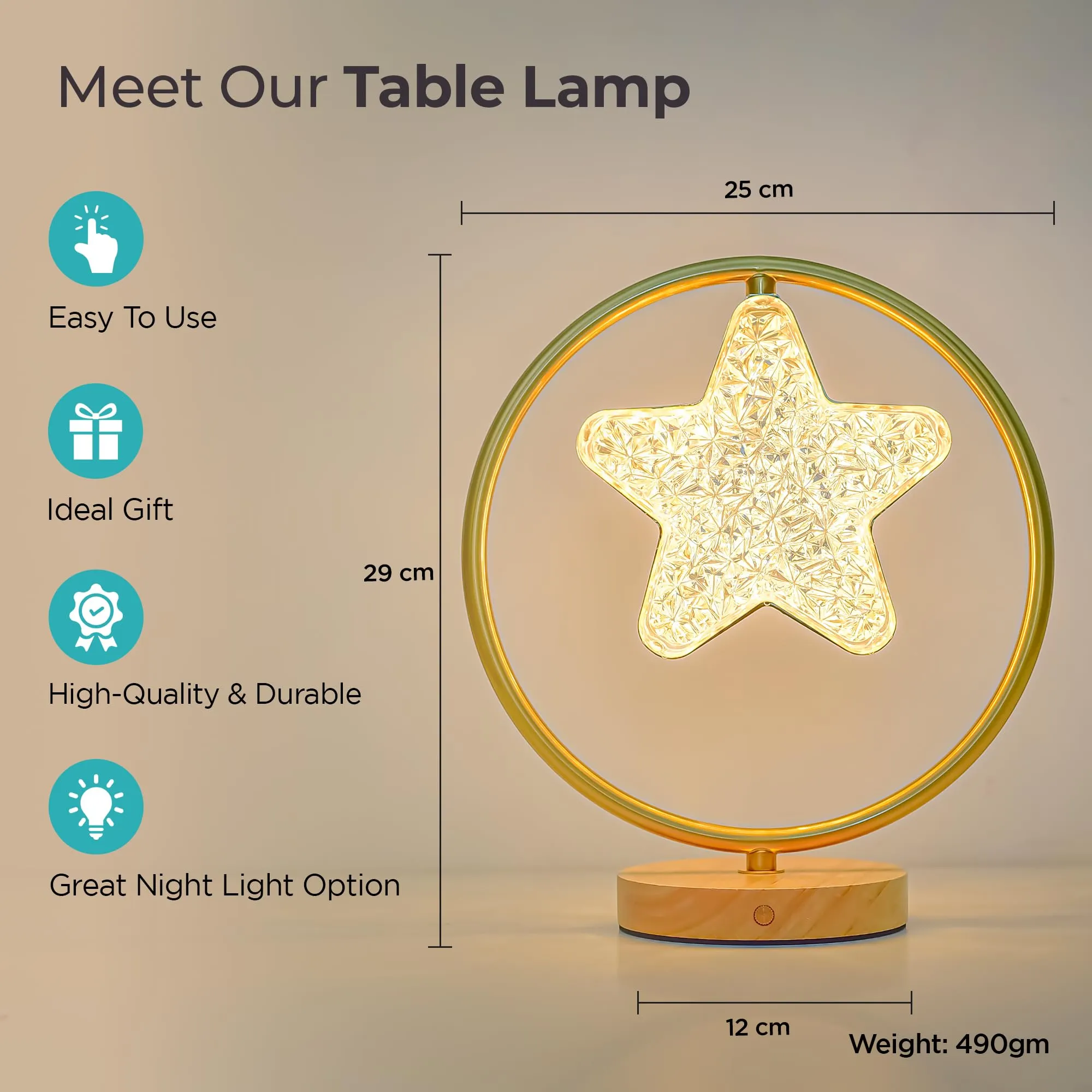 The Better Home Dimmable Table Lamp for Bedroom-29cm| Wood Base with Acrylic Shade |Study Table Lamp for Study| Gift for House Warming Ceremony| Aesthetic Table Lamp for Living Room-Star Shaped