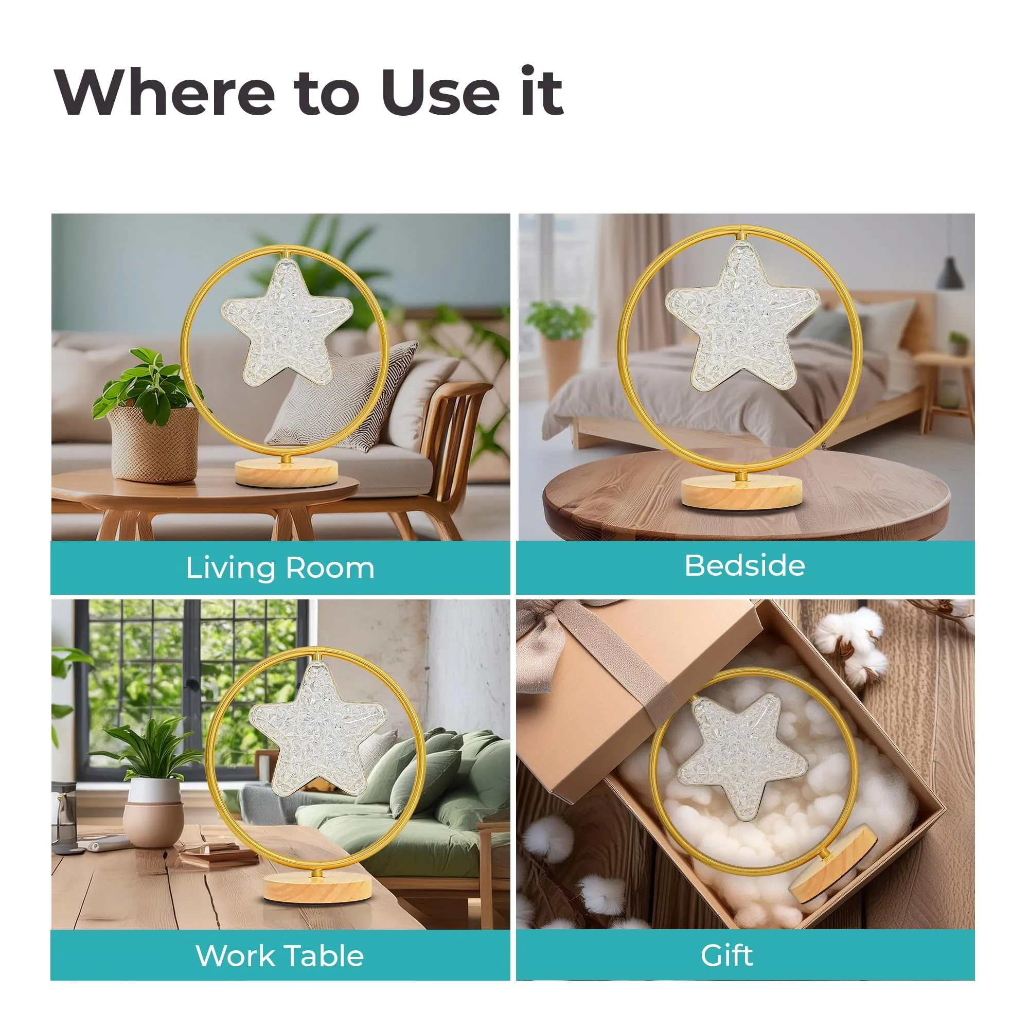 The Better Home Dimmable Table Lamp for Bedroom-29cm| Wood Base with Acrylic Shade |Study Table Lamp for Study| Gift for House Warming Ceremony| Aesthetic Table Lamp for Living Room-Star Shaped