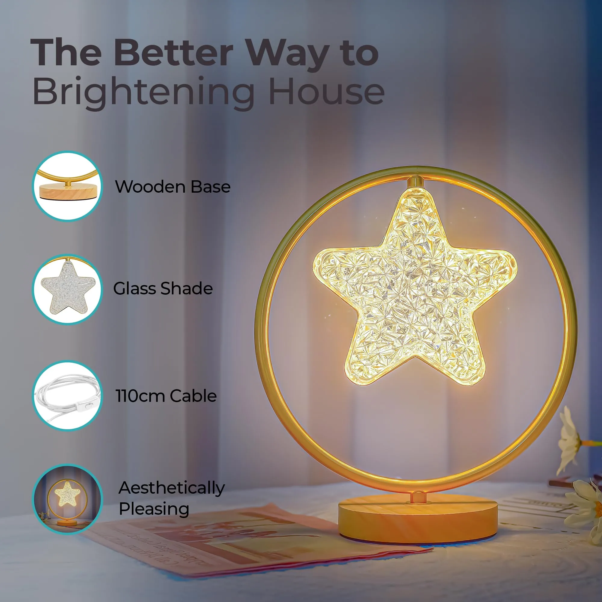 The Better Home Dimmable Table Lamp for Bedroom-29cm| Wood Base with Acrylic Shade |Study Table Lamp for Study| Gift for House Warming Ceremony| Aesthetic Table Lamp for Living Room-Star Shaped