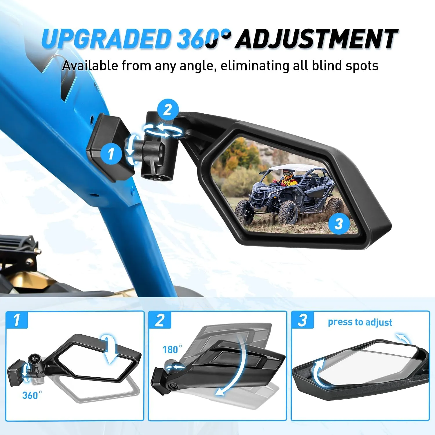 UTV Side Mirrors Upgraded 360 Degree Universal Fit For 2016-2023 Can Am Maverick X3 Turbo R