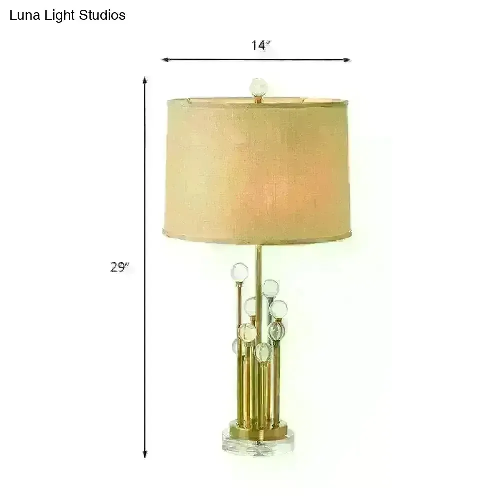 Valentine - Gold Fabric Drum Shade Night Lighting Traditional 1 Light Bedroom Nightstand Lamp in Gold with Clear Crystal Ball Deco