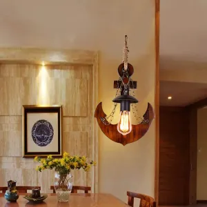 Vintage 1-Head Black Metal Wall Sconce with Wooden Anchor Decoration for Dining Room