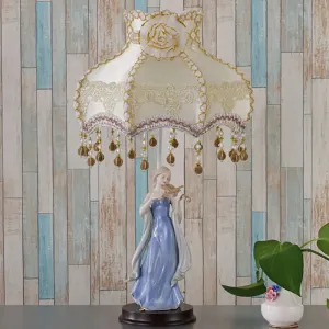 Vintage Beige Night Light with Ceramic Woman Design - Fabric Wave Trim Table Lighting