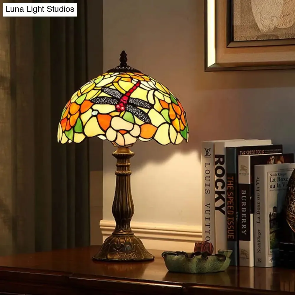 Violet - Stunning Hand-Crafted Glass Bronze Night Light Dragonfly and Peony 1 Head Tiffany Table Lamp