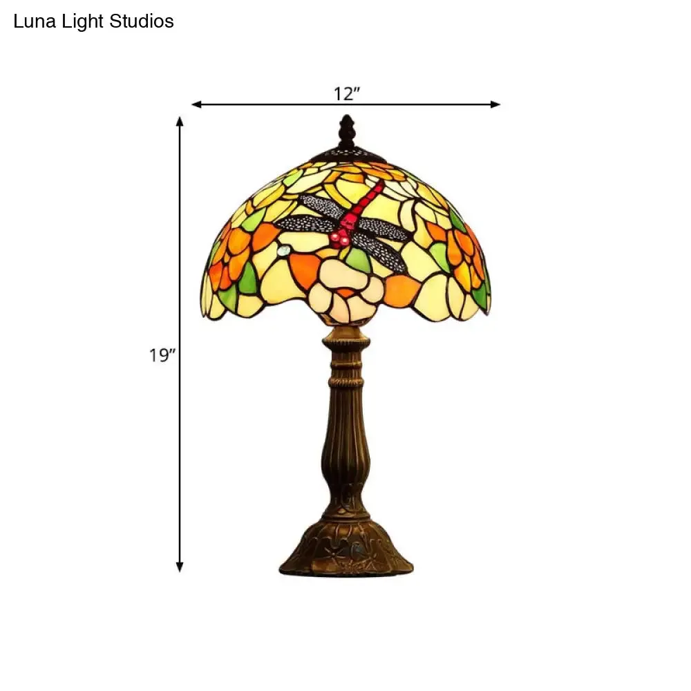 Violet - Stunning Hand-Crafted Glass Bronze Night Light Dragonfly and Peony 1 Head Tiffany Table Lamp