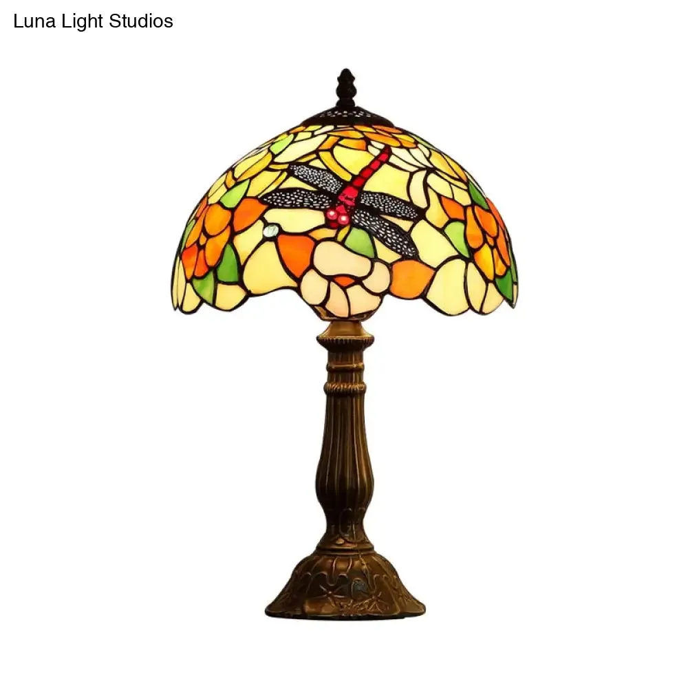 Violet - Stunning Hand-Crafted Glass Bronze Night Light Dragonfly and Peony 1 Head Tiffany Table Lamp