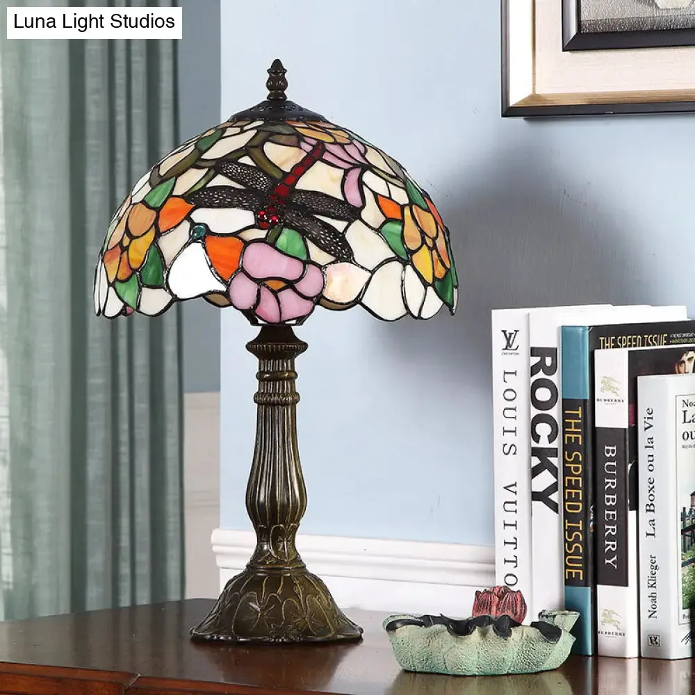 Violet - Stunning Hand-Crafted Glass Bronze Night Light Dragonfly and Peony 1 Head Tiffany Table Lamp