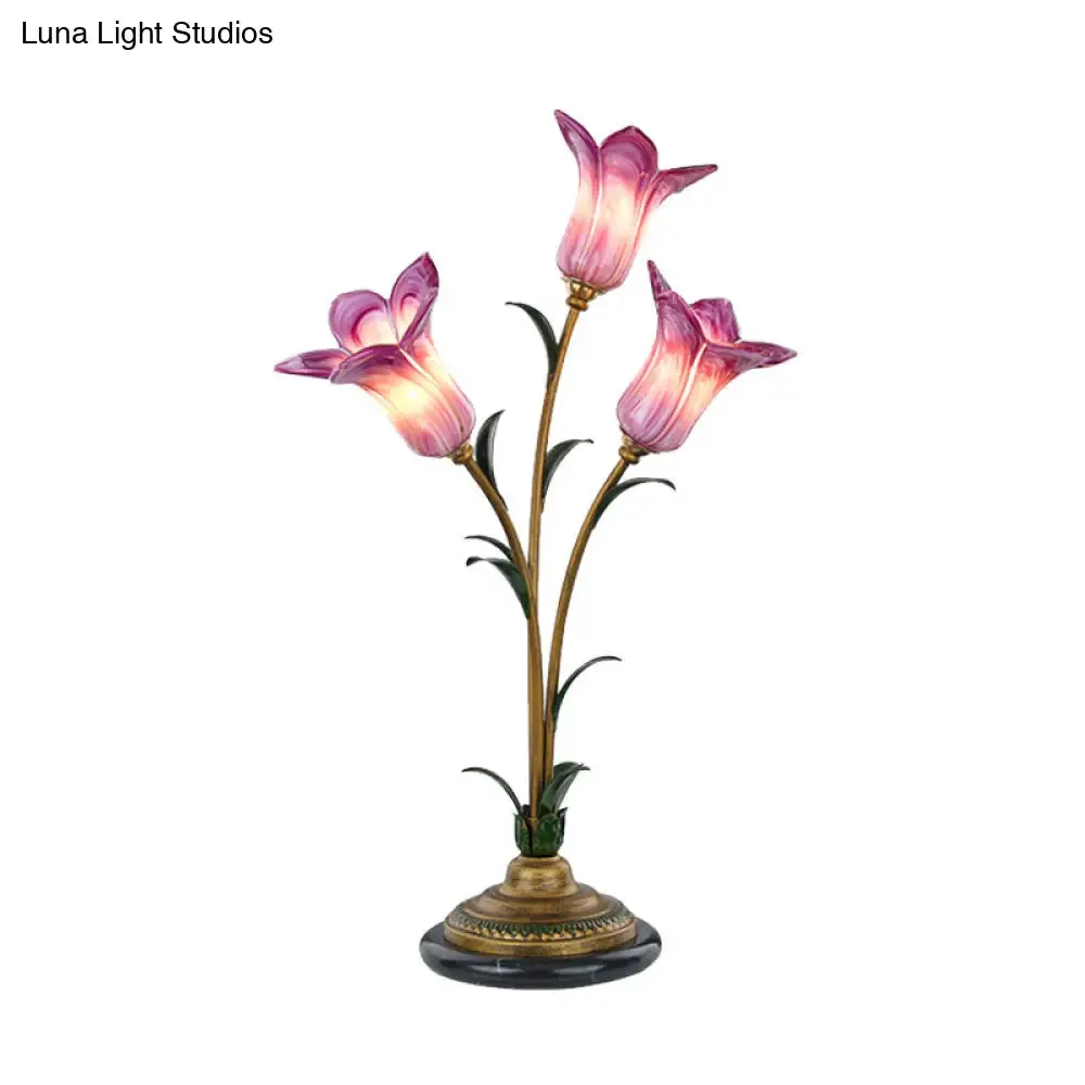 White/Purple Glass Table Lamp with Morning Glory Design – Countryside Night Light for Living Room